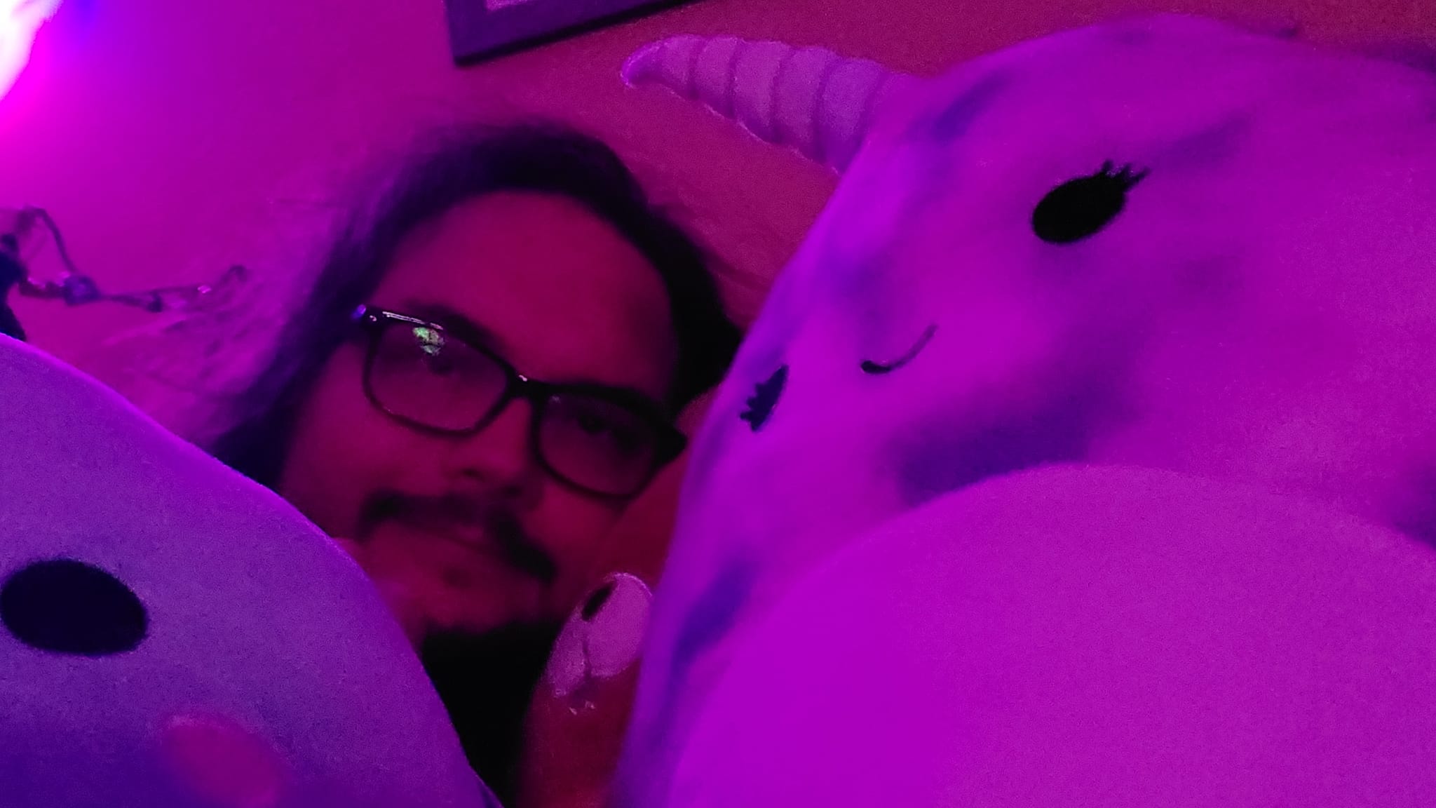 A man with long dark hair lays in bed with a narwhal Squishmellow, photo 1